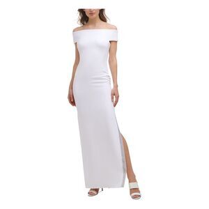 NWT CALVIN KLEIN Womens White High Leg Slit Lined Short Sleeve Formal Dress 2